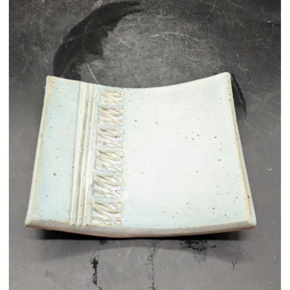 Vintage Studio Art Pottery Blue Textured Miniature Tray 5.5" Signed Square
